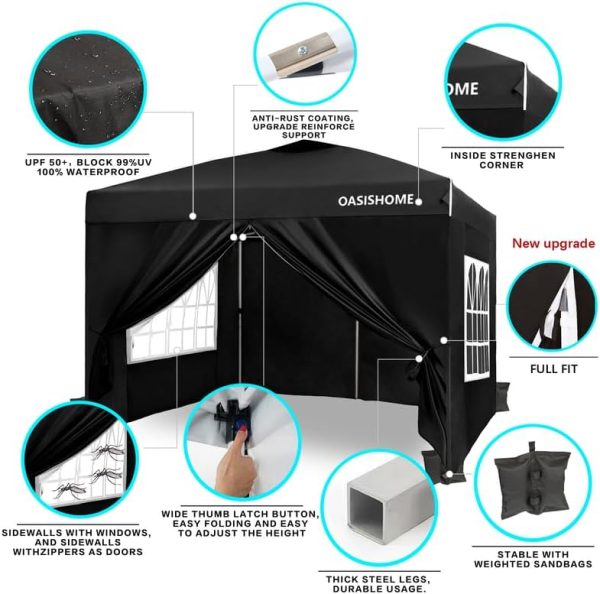 OASISHOME Pop-up Gazebo Instant Portable Canopy Tent 10'x10', with 4 Sidewalls, Windows, Wheeled Bag, for Patio/Outdoor/Wedding Parties and Events (10FTx10FT, Black) - Image 2