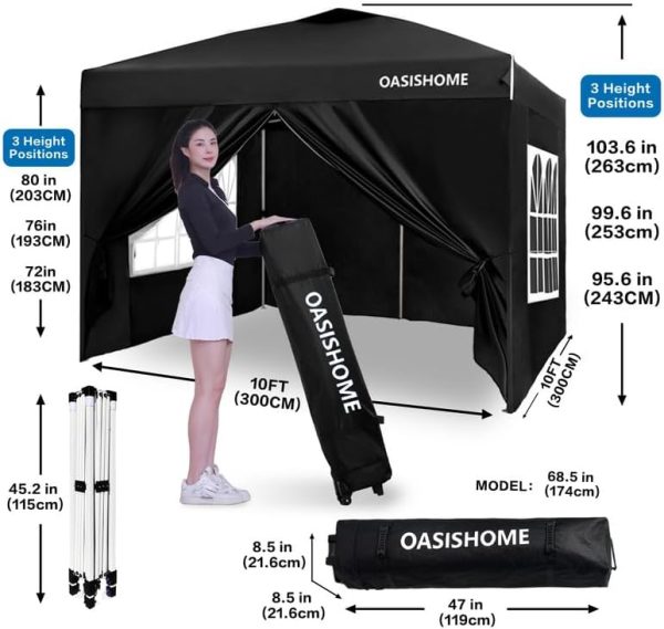 OASISHOME Pop-up Gazebo Instant Portable Canopy Tent 10'x10', with 4 Sidewalls, Windows, Wheeled Bag, for Patio/Outdoor/Wedding Parties and Events (10FTx10FT, Black) - Image 4