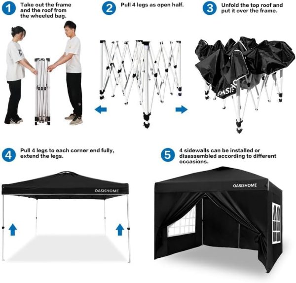 OASISHOME Pop-up Gazebo Instant Portable Canopy Tent 10'x10', with 4 Sidewalls, Windows, Wheeled Bag, for Patio/Outdoor/Wedding Parties and Events (10FTx10FT, Black) - Image 5